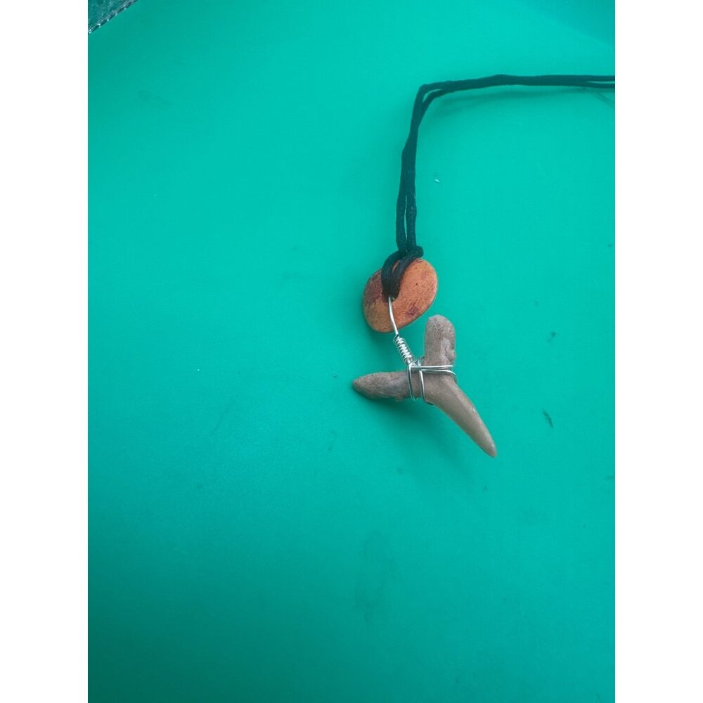 Shark Tooth Necklace With Natural Stone Pendant & Black Cord